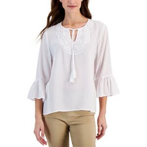 JM Collection Size Large Women's White Lace-Trim Bell-Sleeve Woven Top